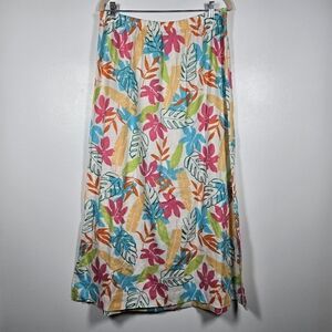 Hot Cotton 100% Linen Colorful Tropical Palm Floral Midi Skirt Size Large